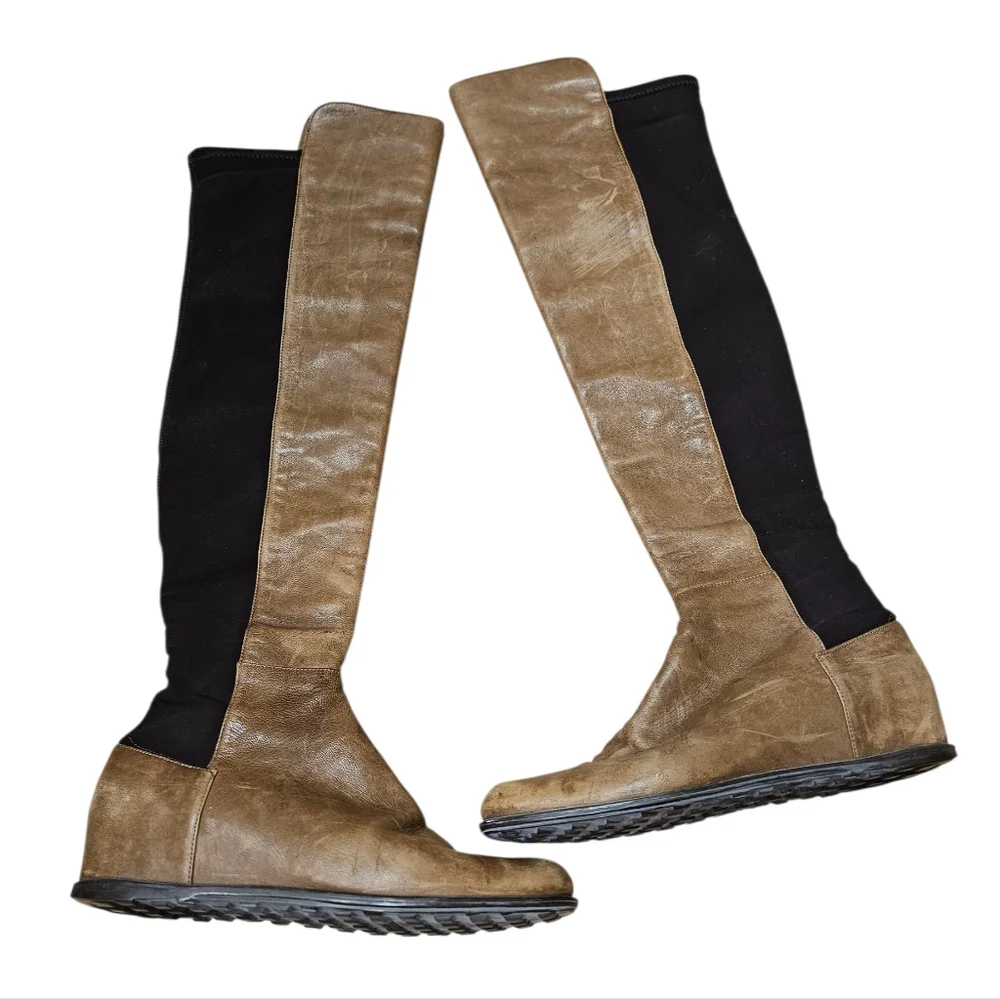 Stuart Weitzman 5050 Leather Over The Knee Wedge Boots Brown Tan